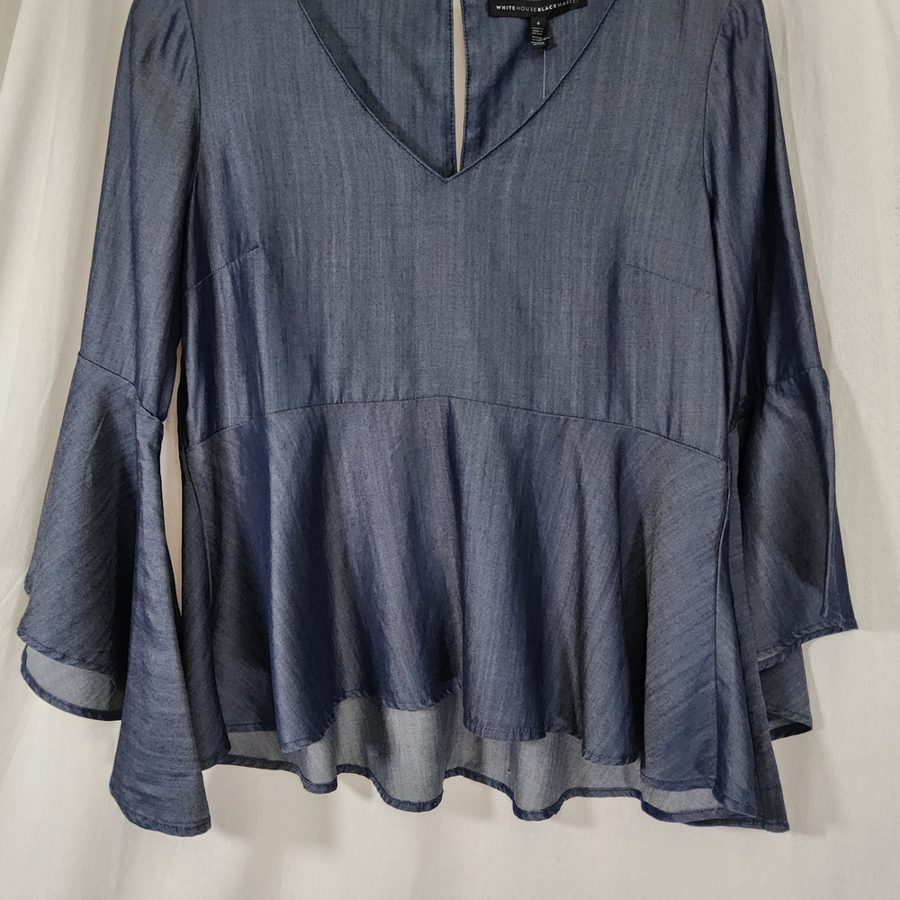 White House Black Market Denim Peplum Blouse Women’s 4 | Bell Sleeve V-Neck Top